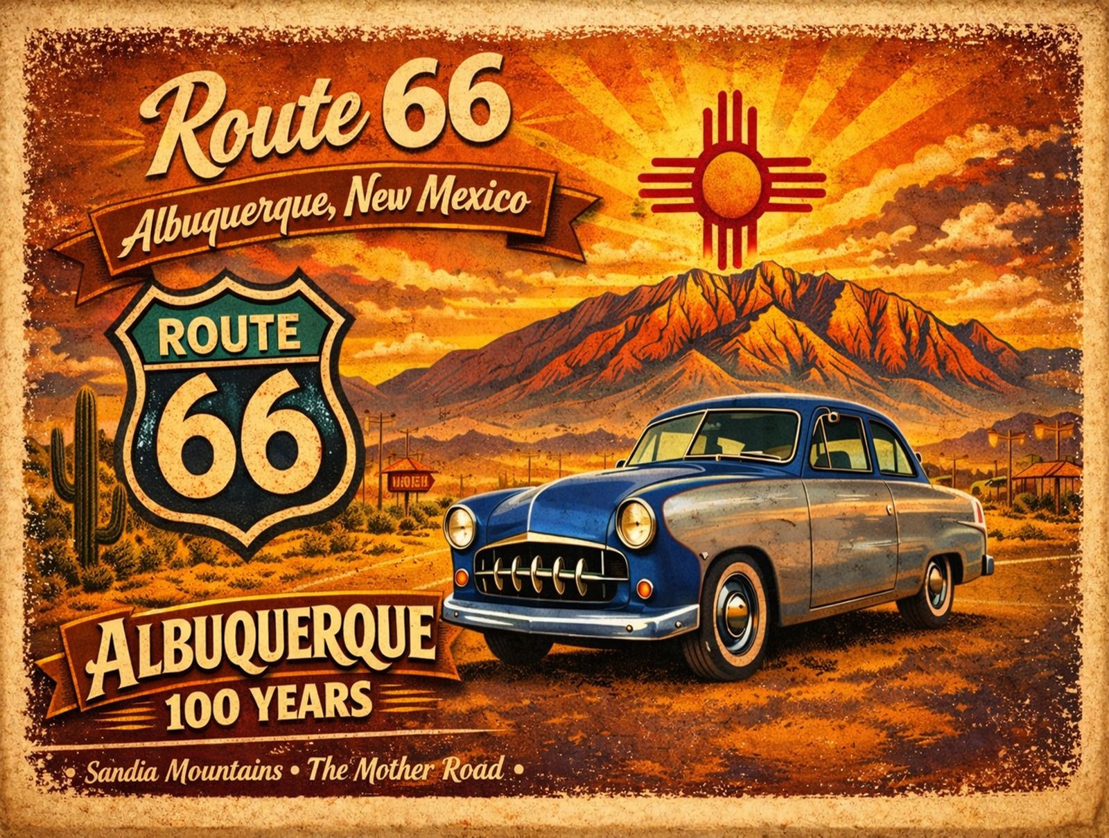 Route 66 centennial postcard featuring vintage car and Albuquerque skyline
