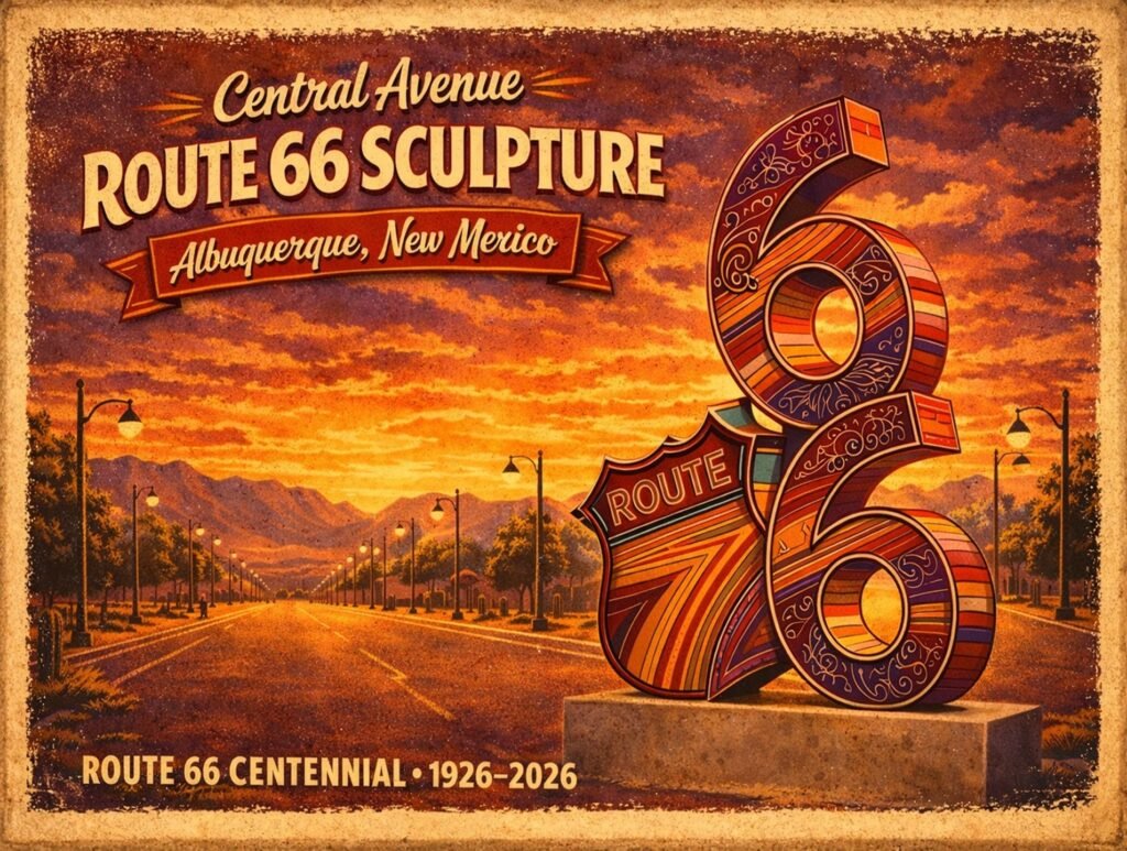 Central avenue route 66 sculpture in Albuquerque with Route 66 Centennial banner
