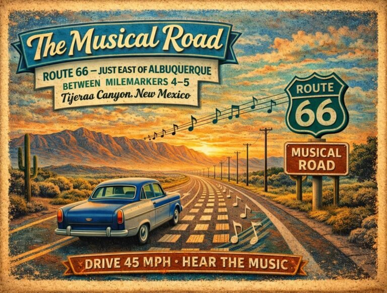 Route 66 musical road sign near Albuquerque with musical notes over the highway
