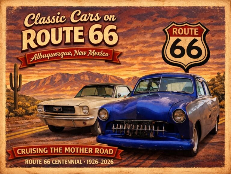Classic cars on Route 66 postcard with vintage Ford Mustang and blue custom car