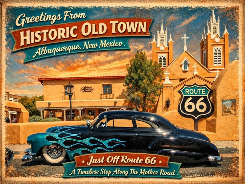 Historic old town albuquerque postcard with adobe architecture and Route 66 shield