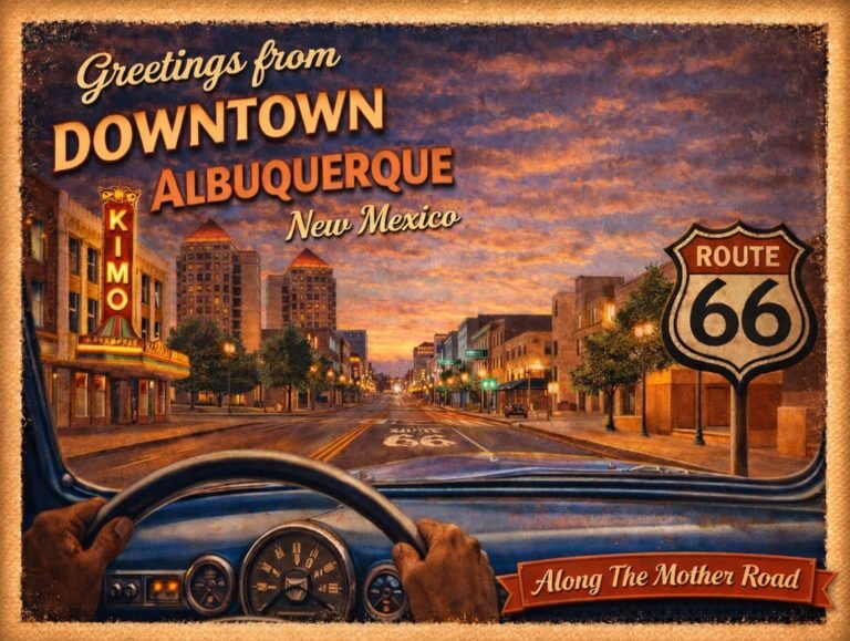 Downtown Albuquerque on Route 66 vintage postcard with sunset skyline
