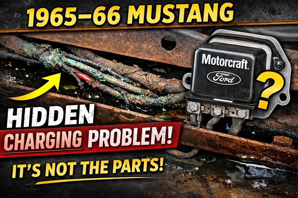 1965-66 Mustang hidden charging problem: corroded wiring under the radiator support next to the voltage regulator