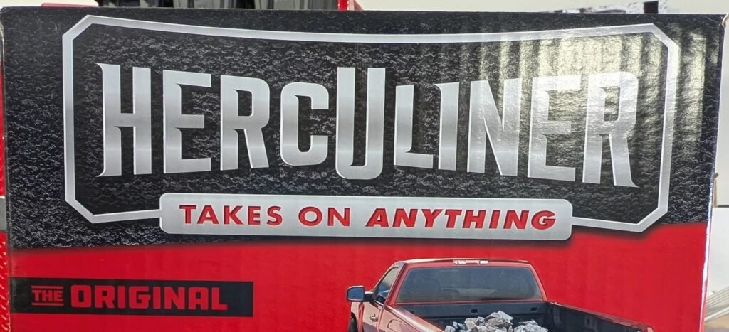 Herculiner roll-on bed liner kit box on a truck tailgate