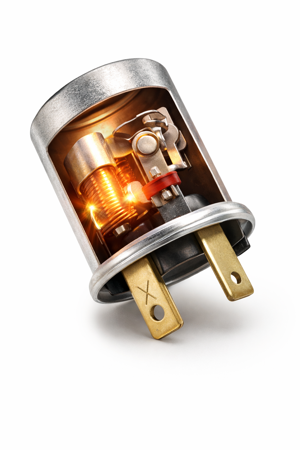 Cutaway illustration of a thermal flasher showing the internal heating element and contacts
